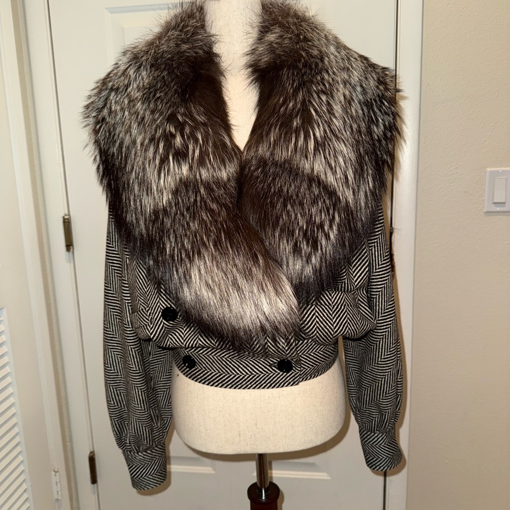 Valentino Vintage Chevron Print Bomber Jacket with Luxurious Fur Trim